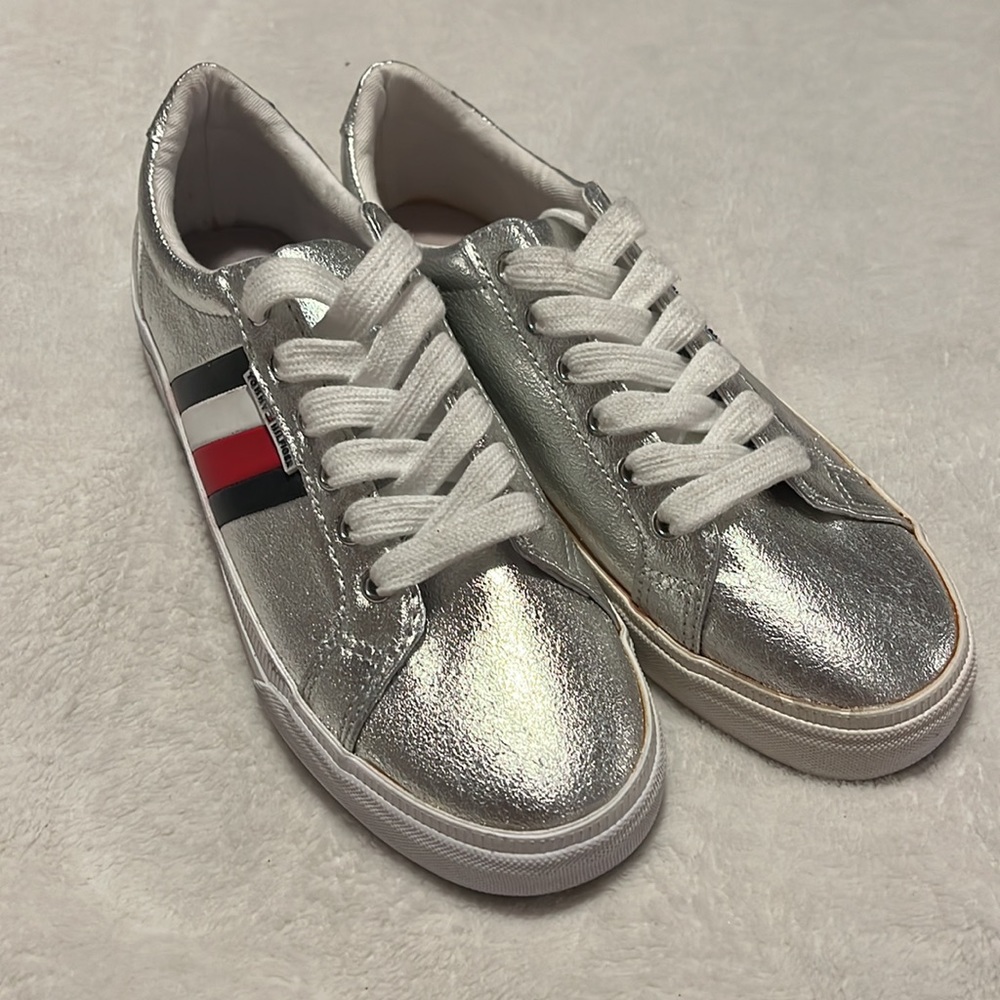 Tommy Hilfiger Silver Metallic Sneakers with Red, White & Navy Stripe